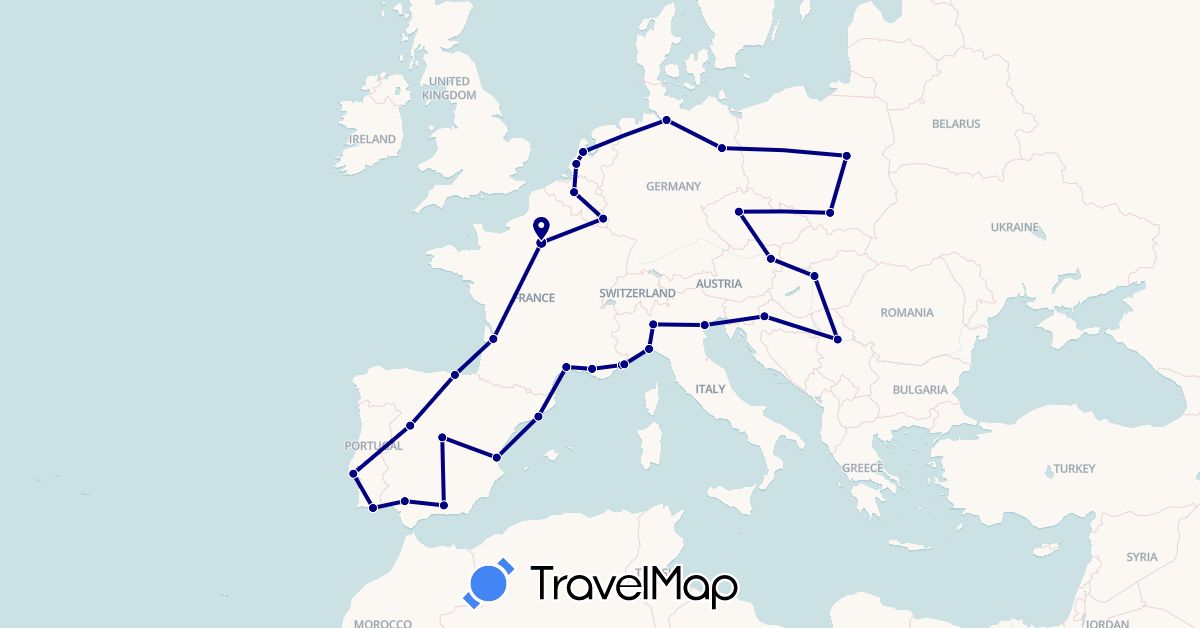 TravelMap itinerary: driving in Austria, Belgium, Czech Republic, Germany, Spain, France, Croatia, Hungary, Italy, Luxembourg, Monaco, Netherlands, Poland, Portugal, Serbia (Europe)
